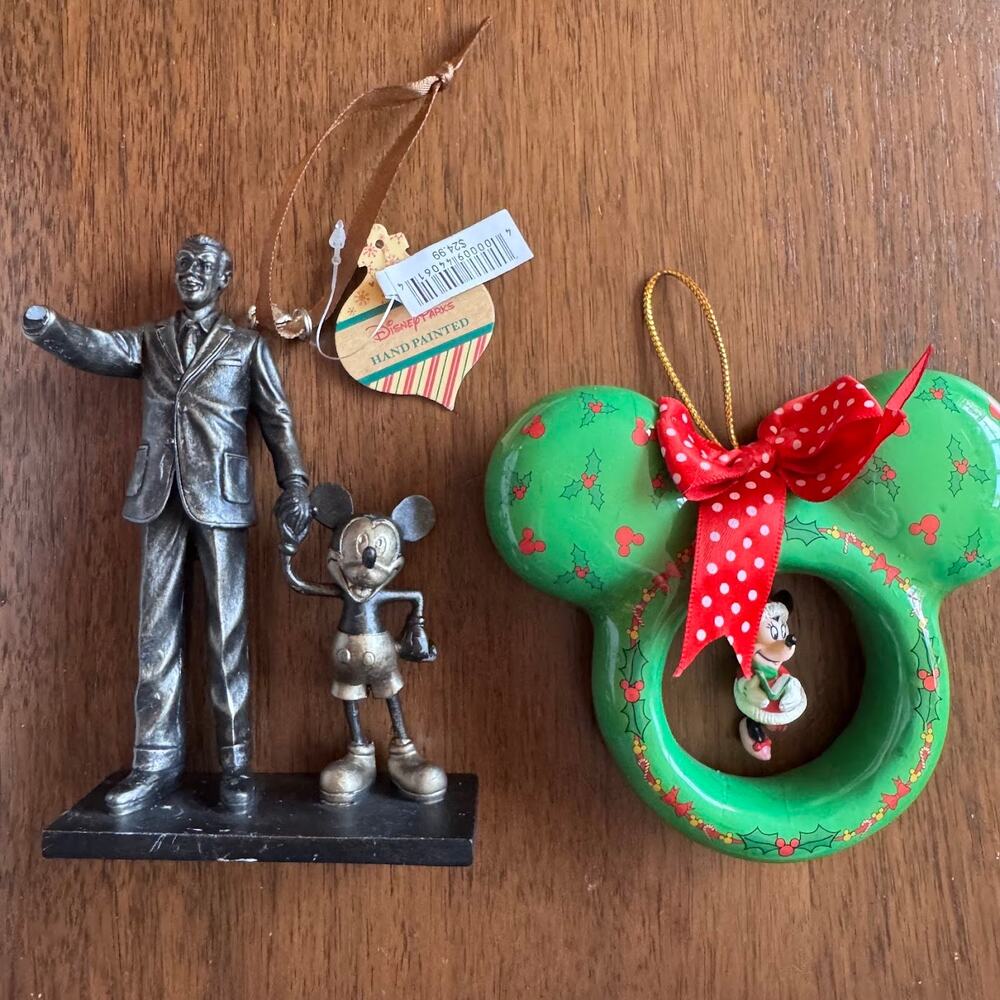 Disney Ornaments Walt Disney Mickey Statue and Green Minnie Mouse - READ DESC.